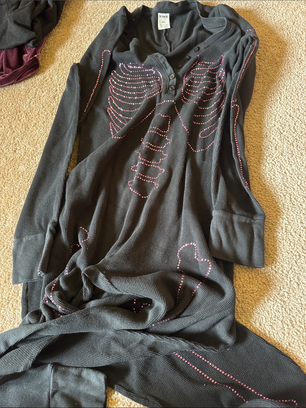 Rare onesie Women's Black Sleep Shirt with Pink Rhinestone Skeleton Detail